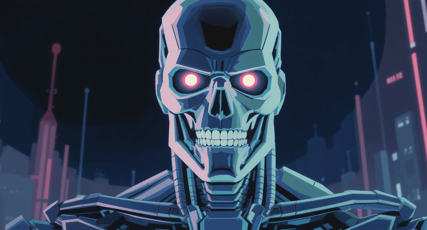 Close-up of a Terminator-style robot with glowing eyes and metallic details, humorous take on AI collaboration and futuristic technology