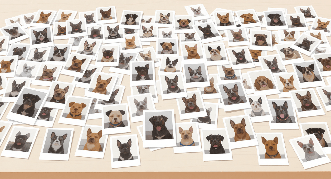 Table covered with thousands of dog Polaroids, illustrating how AI can process and organise vast amounts of visual information, metaphor for understanding what AI is