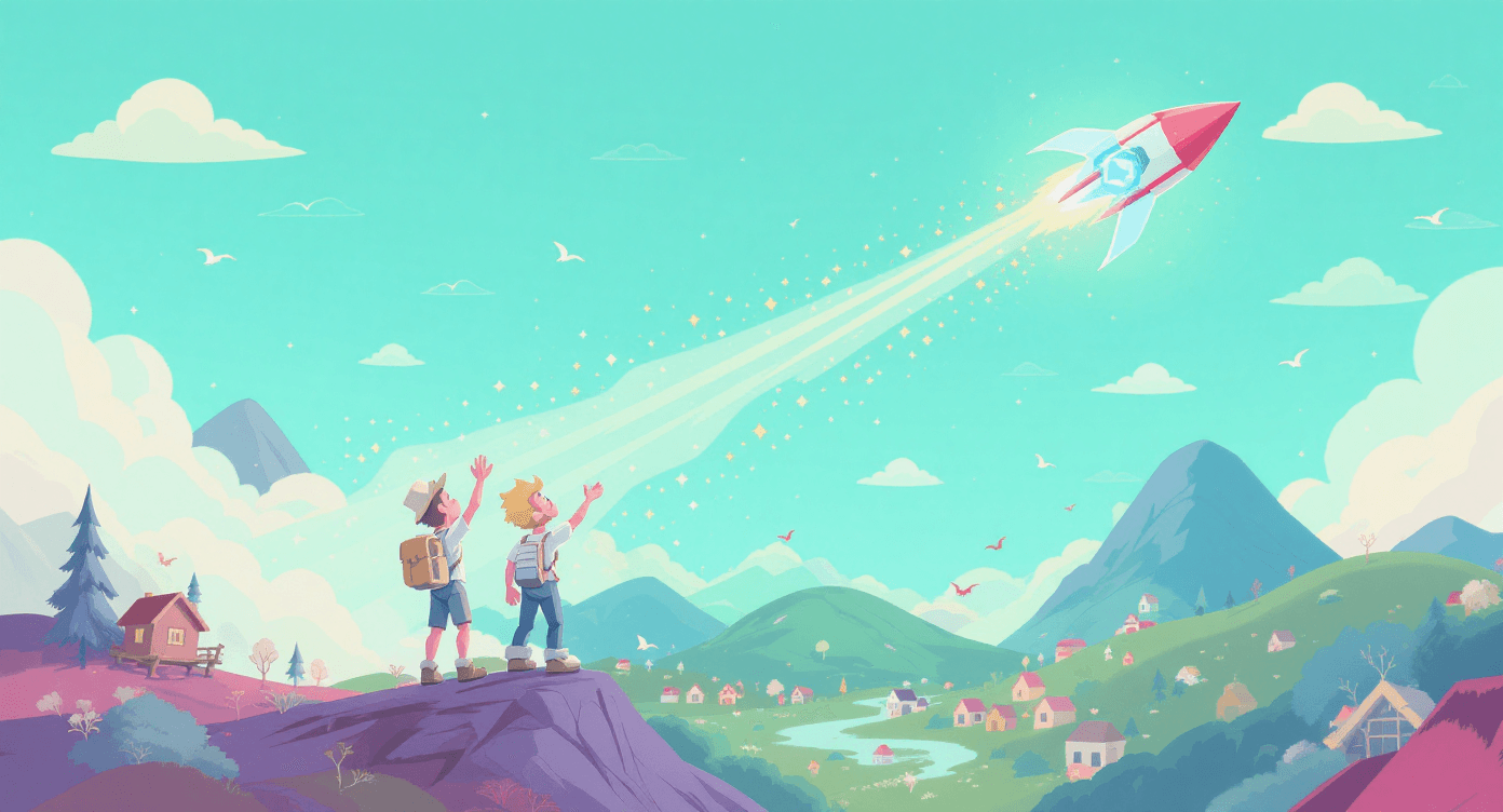 Illustration of a character launching a glowing device into the world, representing deploying AI tools for global use and illustrating the concept of making AI accessible