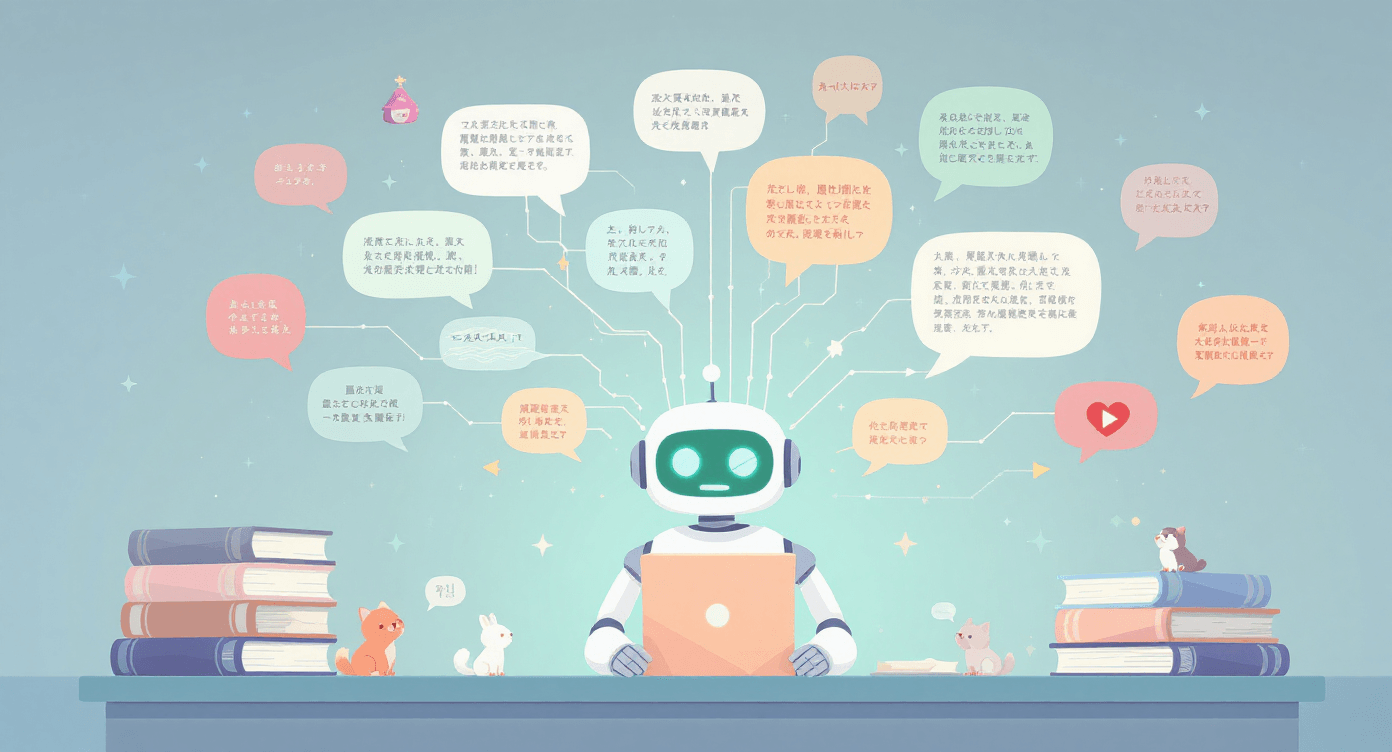 Robot processing floating speech bubbles and text in multiple languages, illustrating Natural Language Processing (NLP) and how AI understands human language