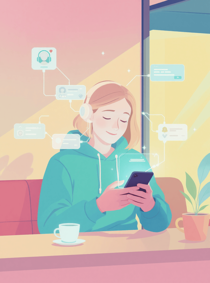 Person using phone at a coffee shop with holographic AI assistants, illustrating how AI is already integrated into everyday phone use