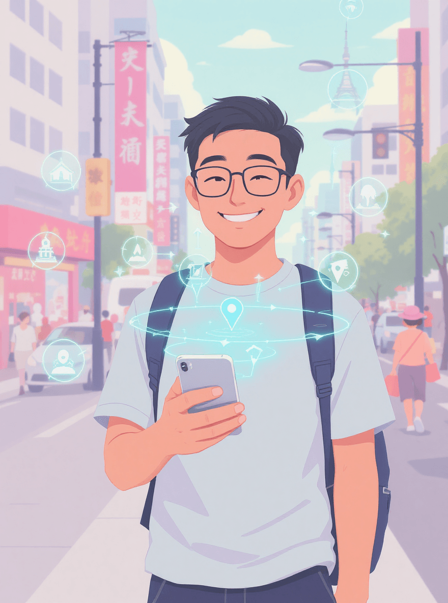 Asian person using phone with AI navigation assistants in a busy city, illustrating how AI helps with travel and navigation