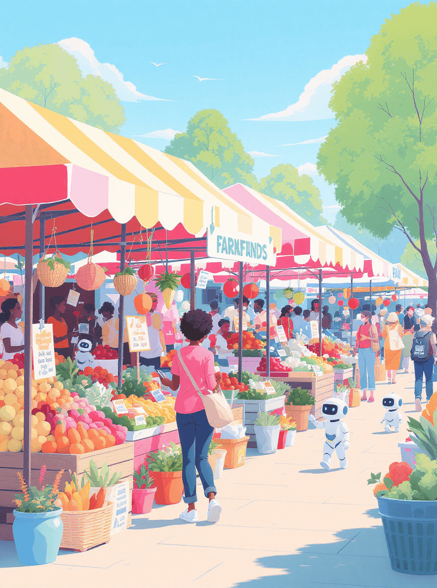 Dark-skinned person shopping at an outdoor market with AI assistants providing recommendations, illustrating how AI supports everyday shopping decisions