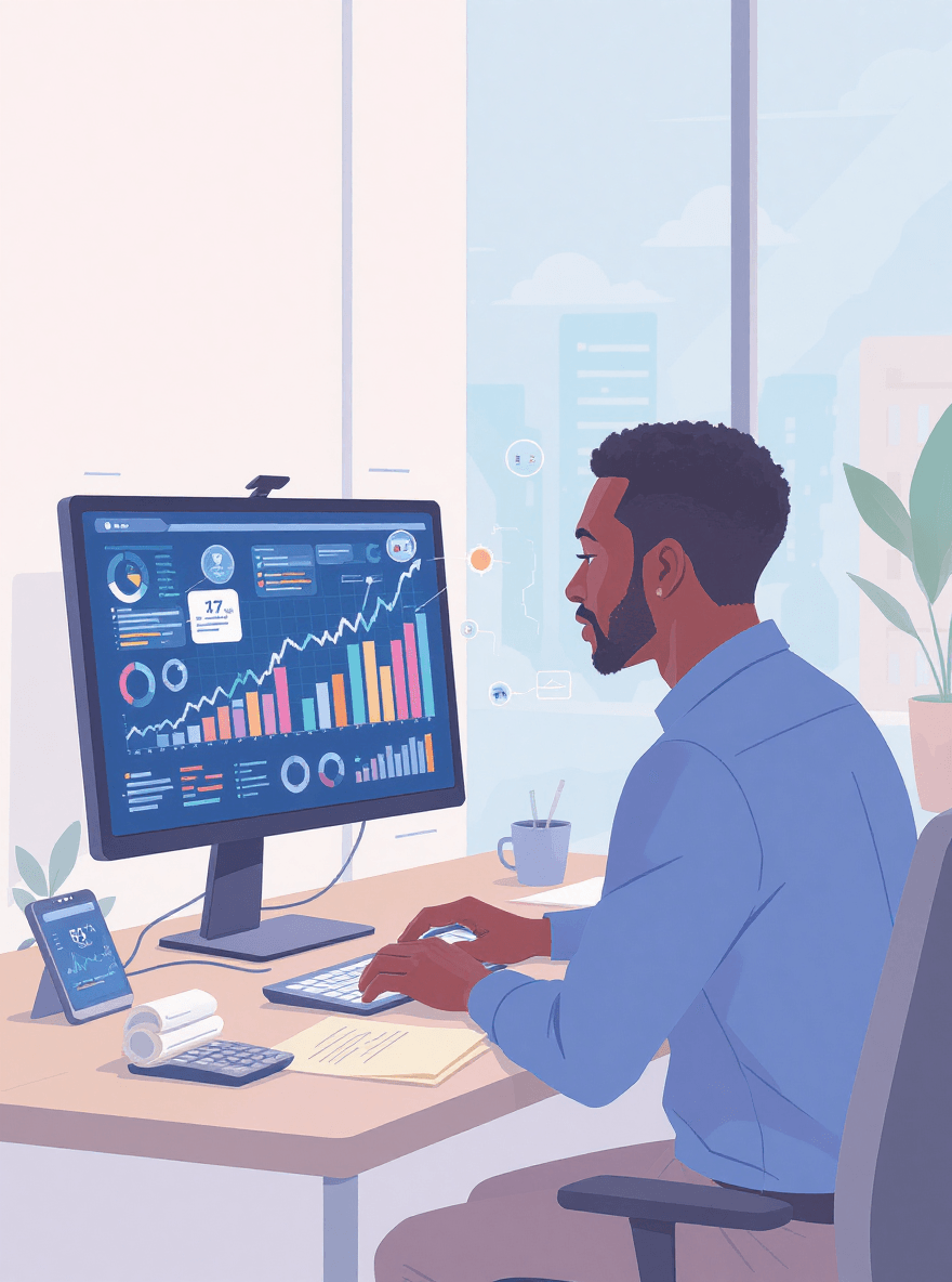 Dark-skinned person working in finance with AI assistants highlighting charts and data, illustrating how AI supports financial analysis and decision-making