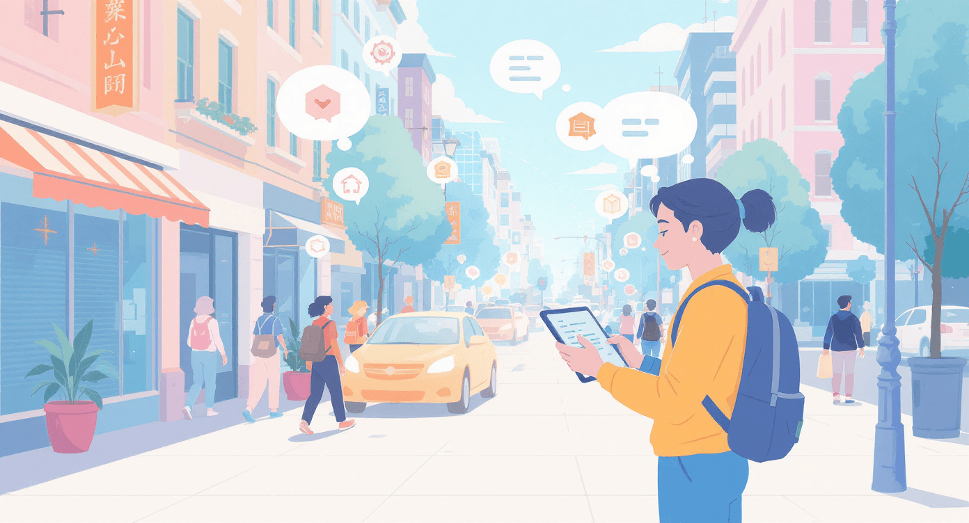 Person writing notes on a tablet outdoors with AI assistants organizing ideas, illustrating how AI supports writing and visual communication outside traditional office settings