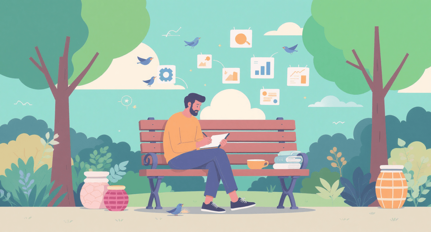 Person brainstorming in a park with AI assistants suggesting visual and written content, showing AI support for creative communication in real-world environments