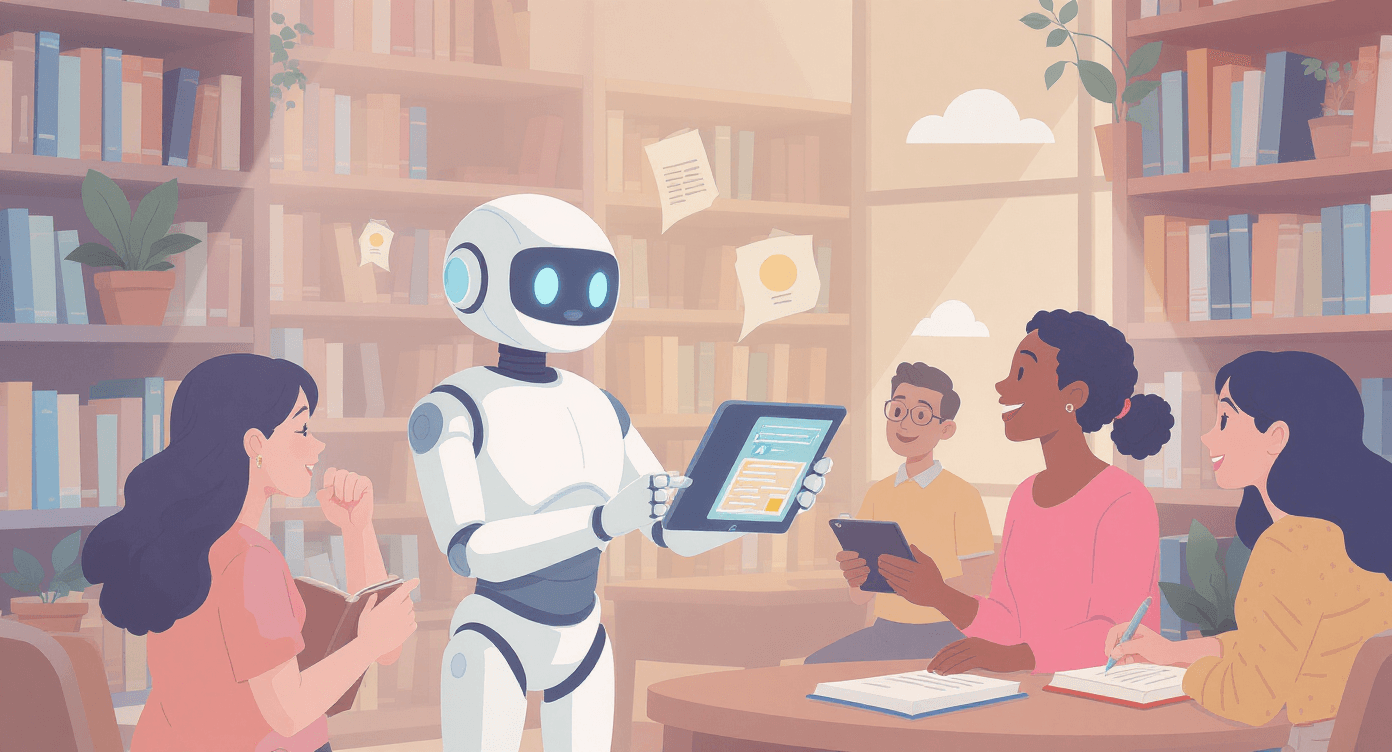 Robot assisting humans in a library by highlighting books and information, illustrating how AI supports learning and development