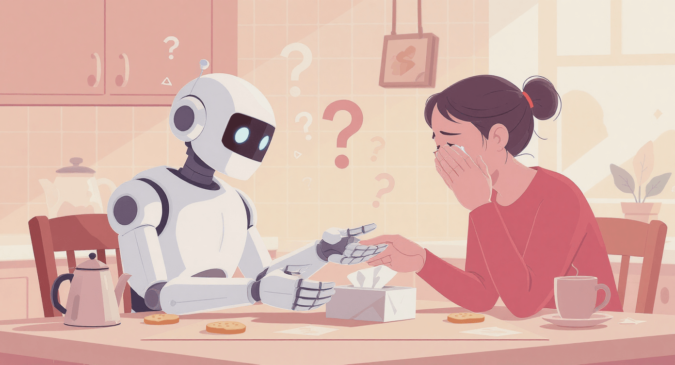 AI robot struggling with human emotions and context - illustration of AI limitations in understanding nuance and empathy