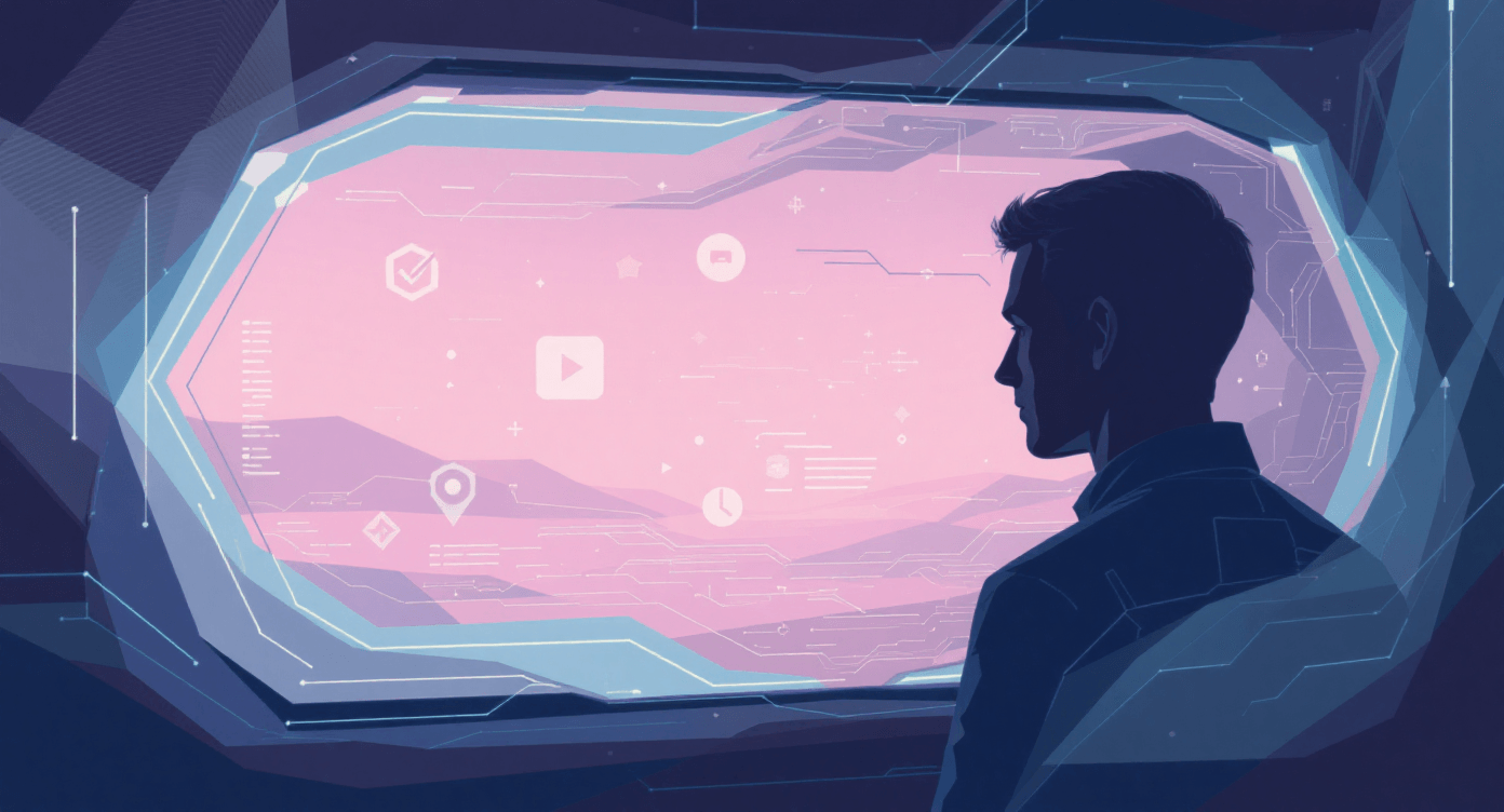 A silhouette viewing floating data streams and icons through a transparent futuristic interface, illustrating AI observing information behind the scenes.