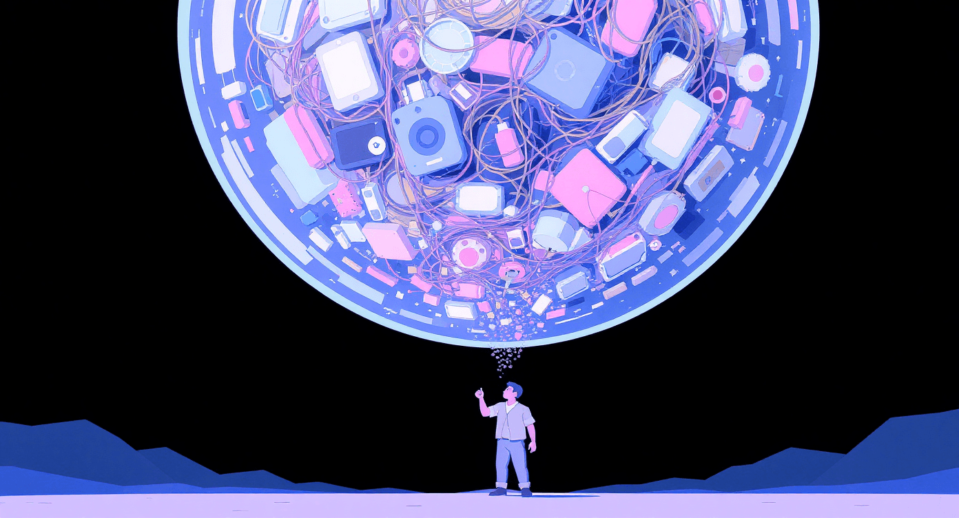 A giant shimmering bubble about to burst, representing fears that AI might be an over-hyped tech bubble.