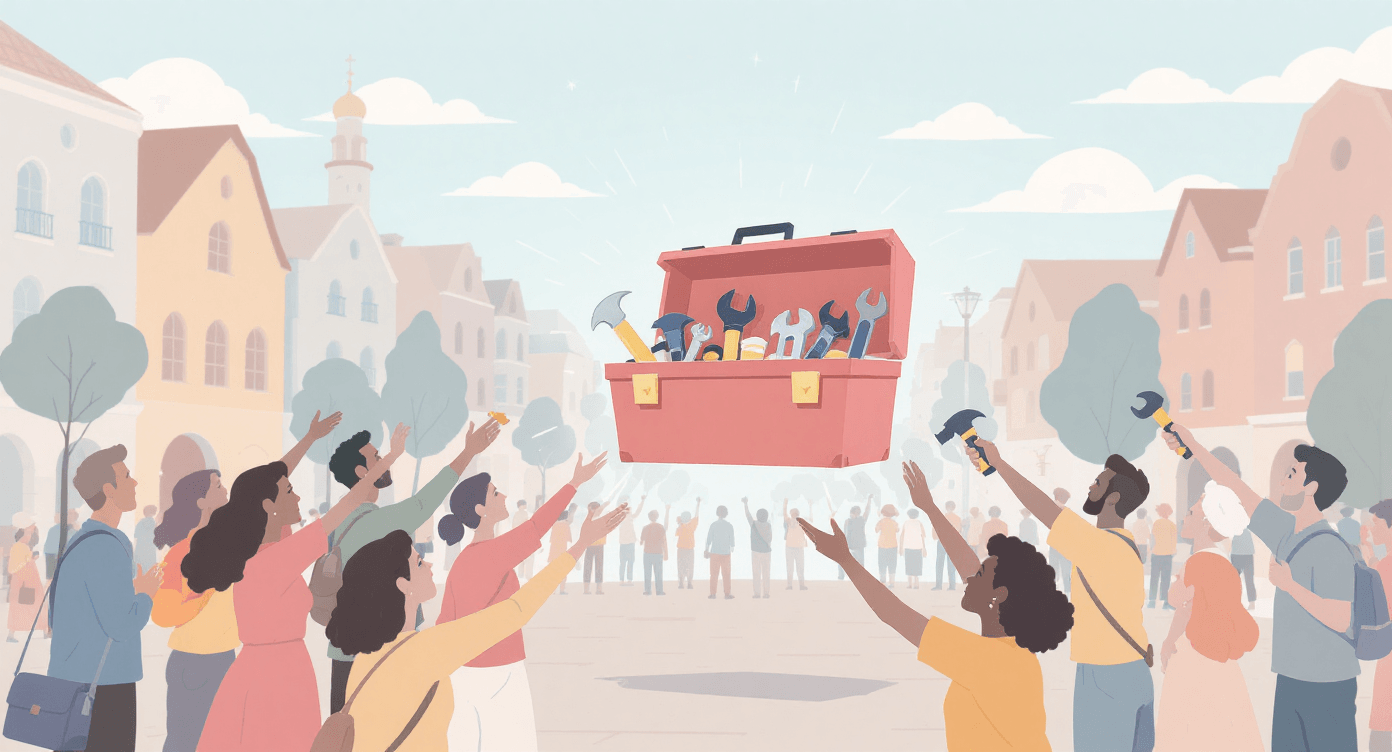 People from different backgrounds receiving identical floating tools, illustrating how AI spreads advanced capabilities to everyone equally.