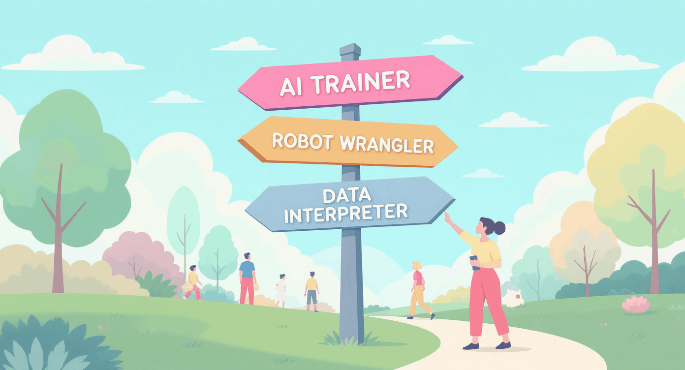 People choosing paths on a signpost filled with new AI-era job titles, showing how AI is opening fresh career directions.
