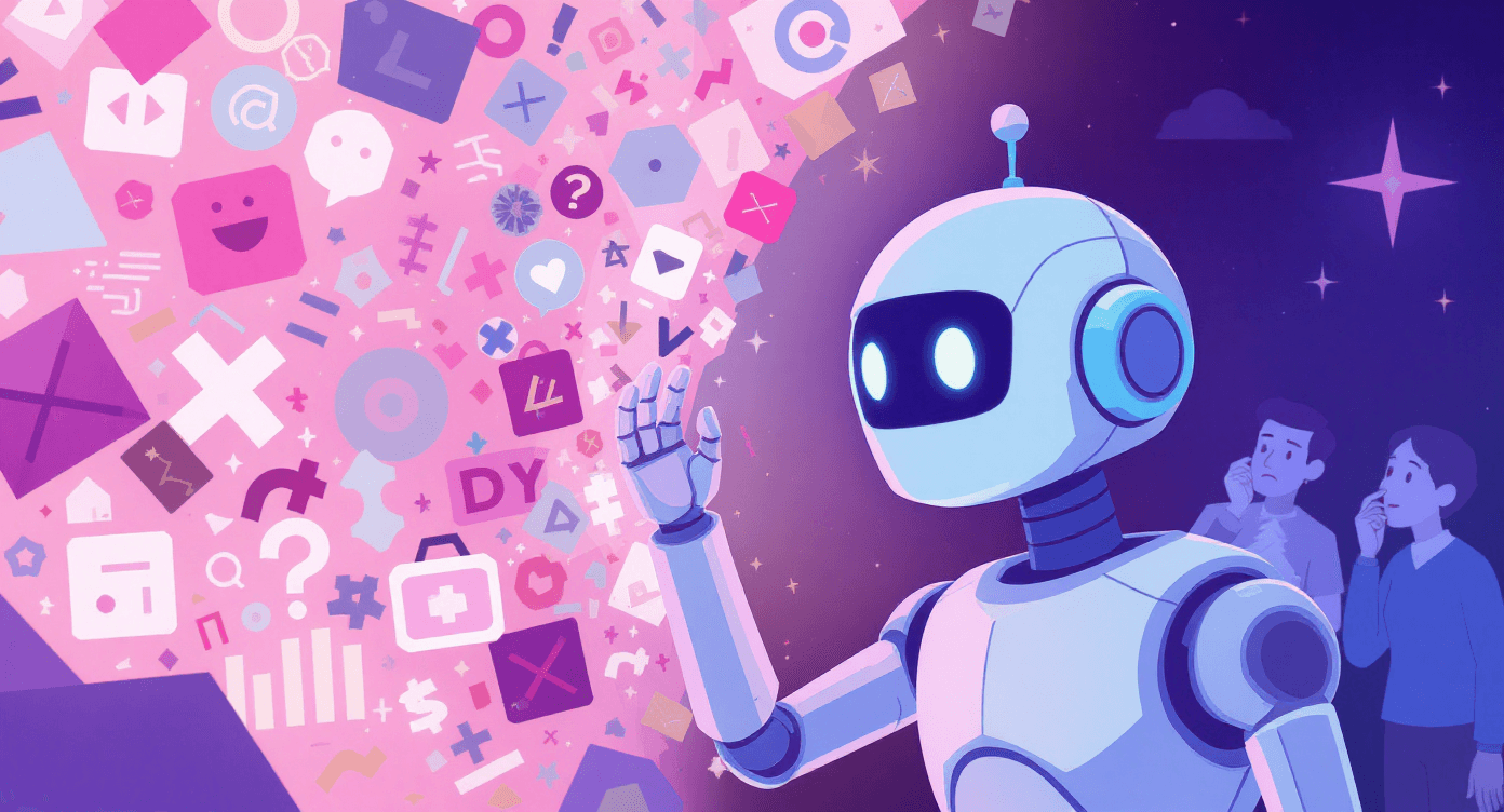 Confused robot struggling to interpret symbols and data, illustrating that AI doesn’t truly understand meaning like humans do