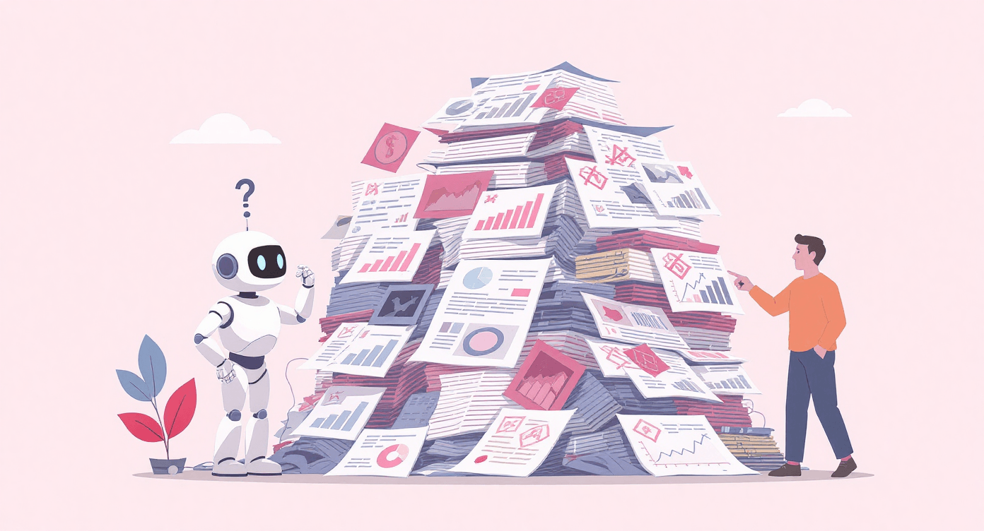 Robot examining biased training data with human pointing out issues, illustrating how AI can inherit bias from its training datasets