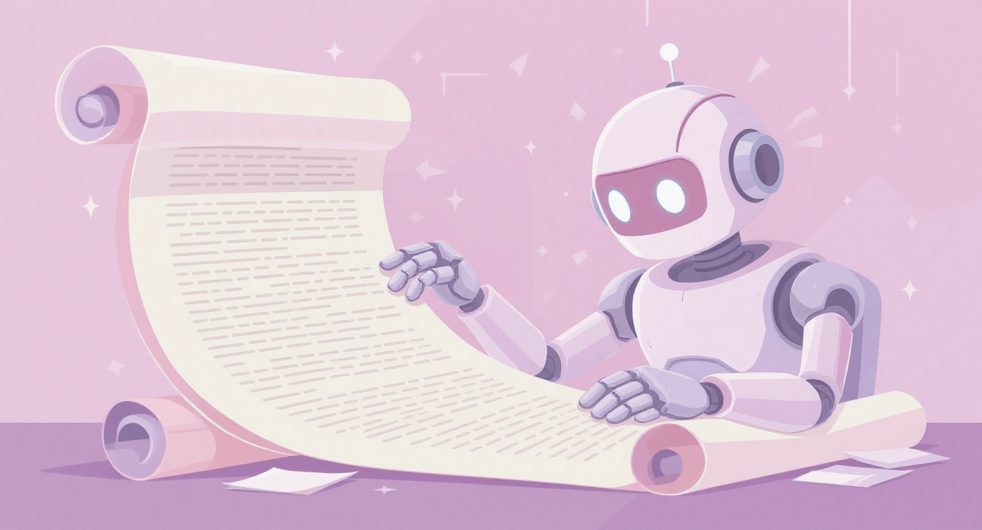 Robot struggling to read an overflowing scroll, illustrating the context window problem where AI can only process a limited amount of information at a time