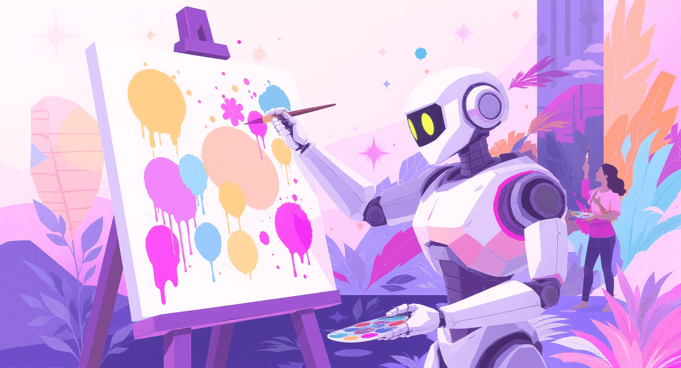 Robot painting repetitive patterns on a canvas while humans create diverse art, illustrating AI’s creative limitations