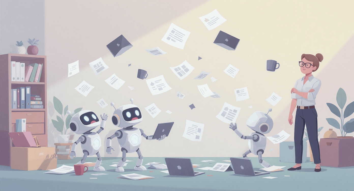 Business owner watching robots juggle laptops, contracts, and coffee, illustrating exaggerated chaos and fears of appearing unprofessional using AI
