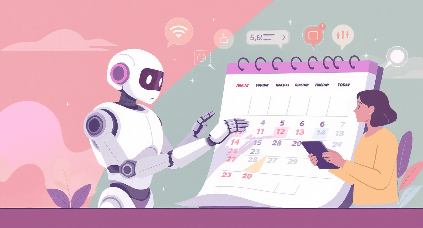 Person observing a robot checking a giant calendar and notifications, illustrating how to verify if AI information is current and up-to-date