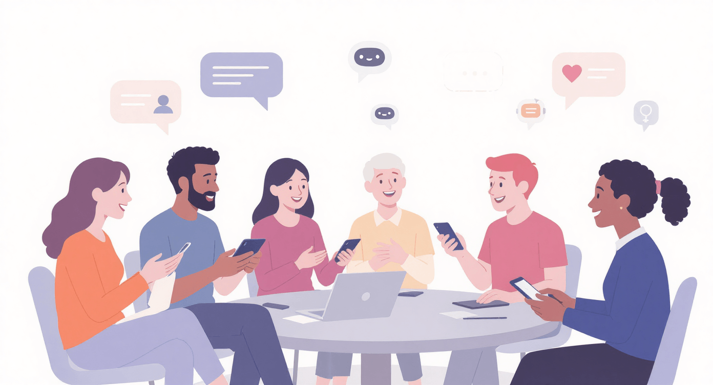 Diverse group of people interacting with AI assistants highlighting speech bubbles, illustrating how AI can help users join and contribute to conversations