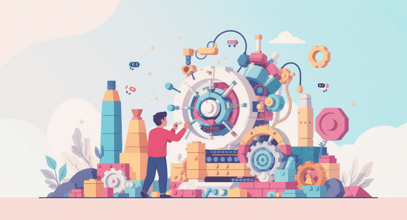 Person assembling a complex machine using colorful blocks with AI assistance, illustrating the concept of no-code tools and building systems without programming