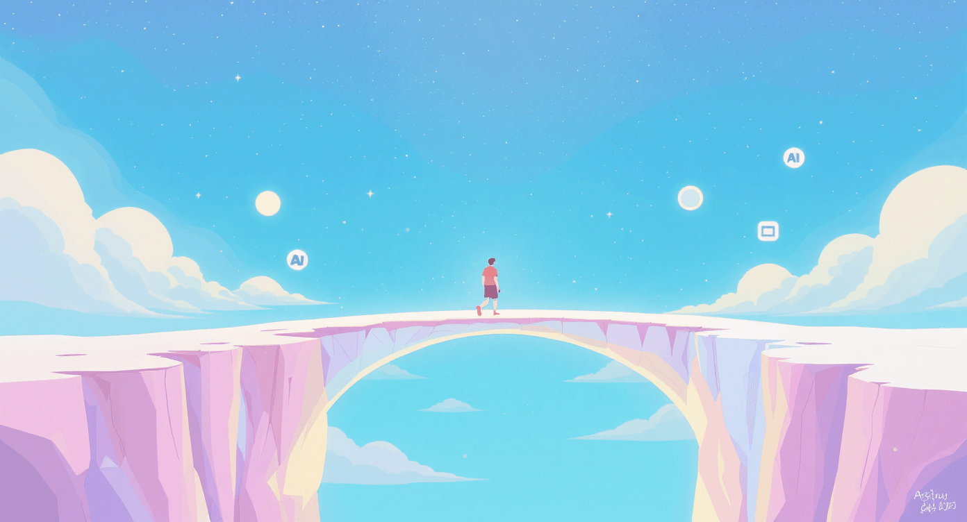 Person walking across a glowing bridge with AI assistants, illustrating human-AI collaboration and a forward-looking perspective to end the blog