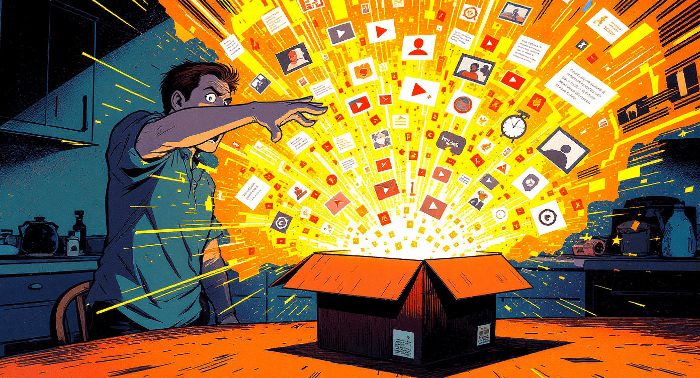 Person opening an ordinary box revealing a powerful cloud of information, symbolising the unexpectedly strong capabilities of Google Gemini for beginners.