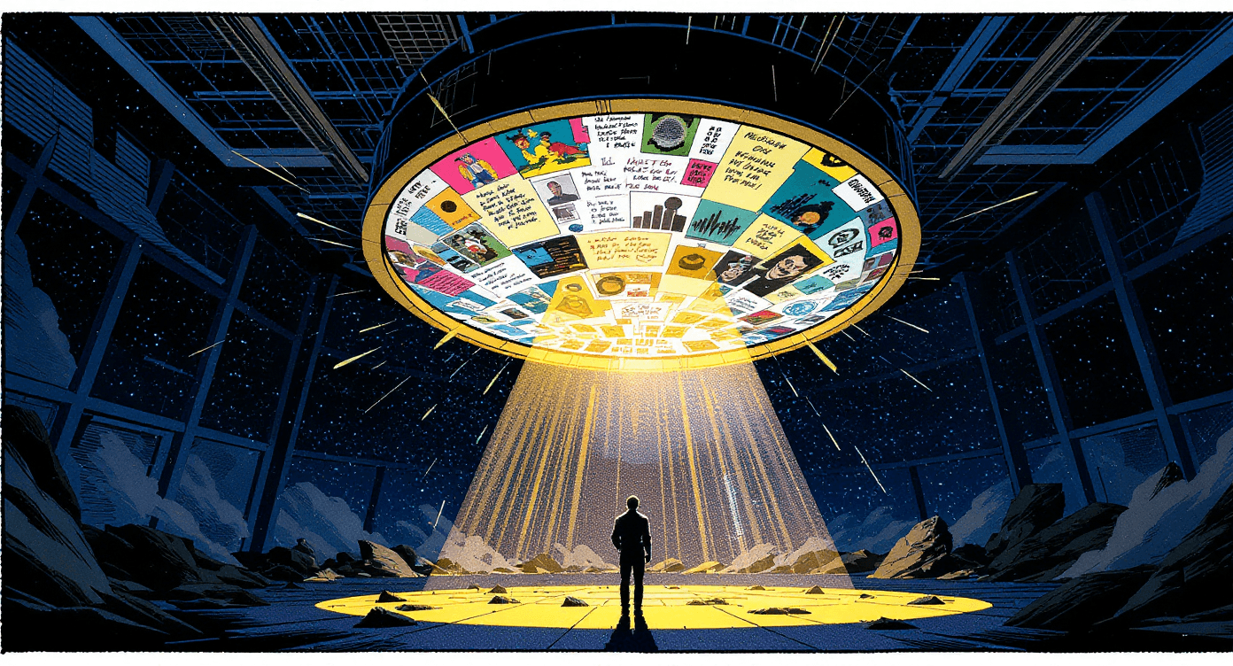 Floating lens combining photos, diagrams and text into one clear output, illustrating how Google Gemini interprets and unifies different types of information.