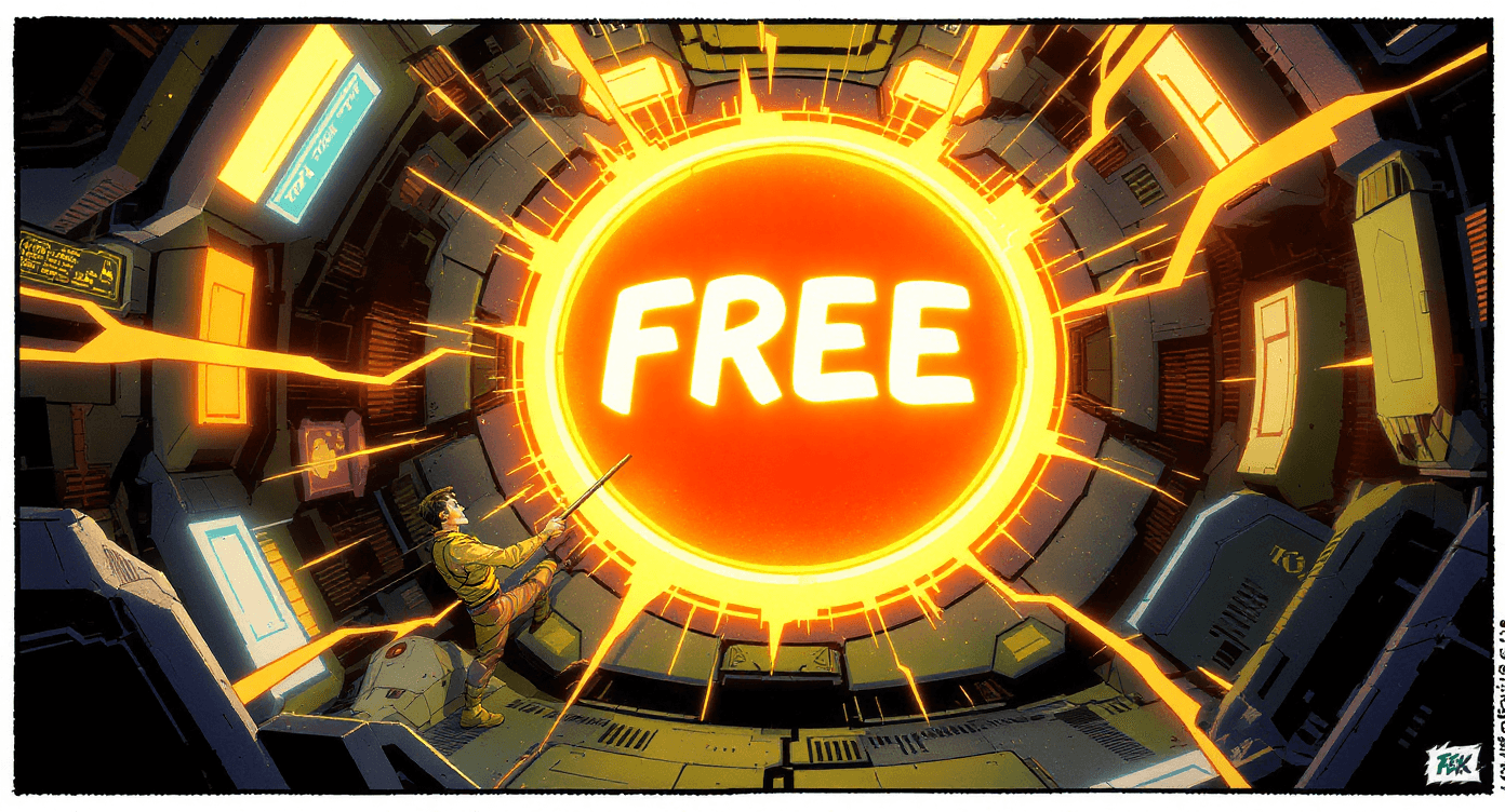 Person hesitantly poking a large glowing free button, illustrating people questioning whether Google Gemini’s free tier is real.