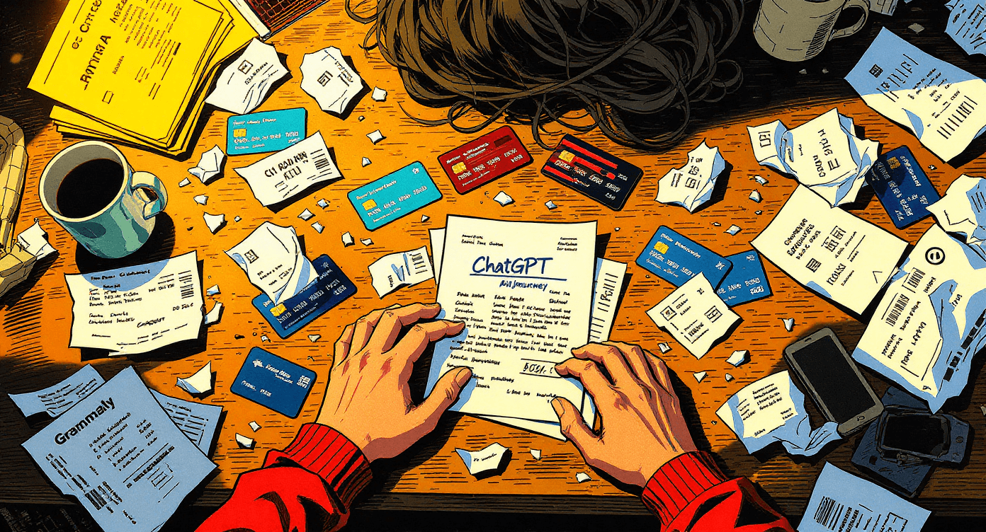 Small business owner overwhelmed by multiple AI tool subscription costs and monthly bills for ChatGPT Plus Midjourney and other expensive software