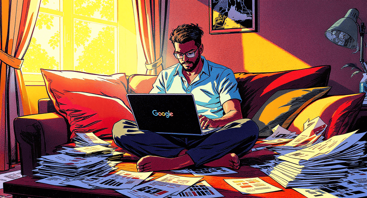 Small business owner analyzing multiple client documents and reports using Google Gemini AI document processing from home sofa