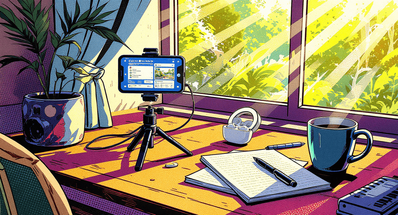 Content creator tripod setup with smartphone showing AI writing tools like ChatGPT for blog and social media content creation by window