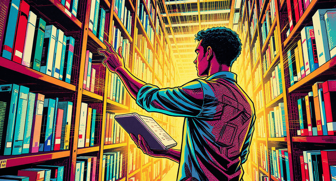 Researcher using Google Gemini AI for real-time information gathering and source verification in UK library combining digital and traditional research methods