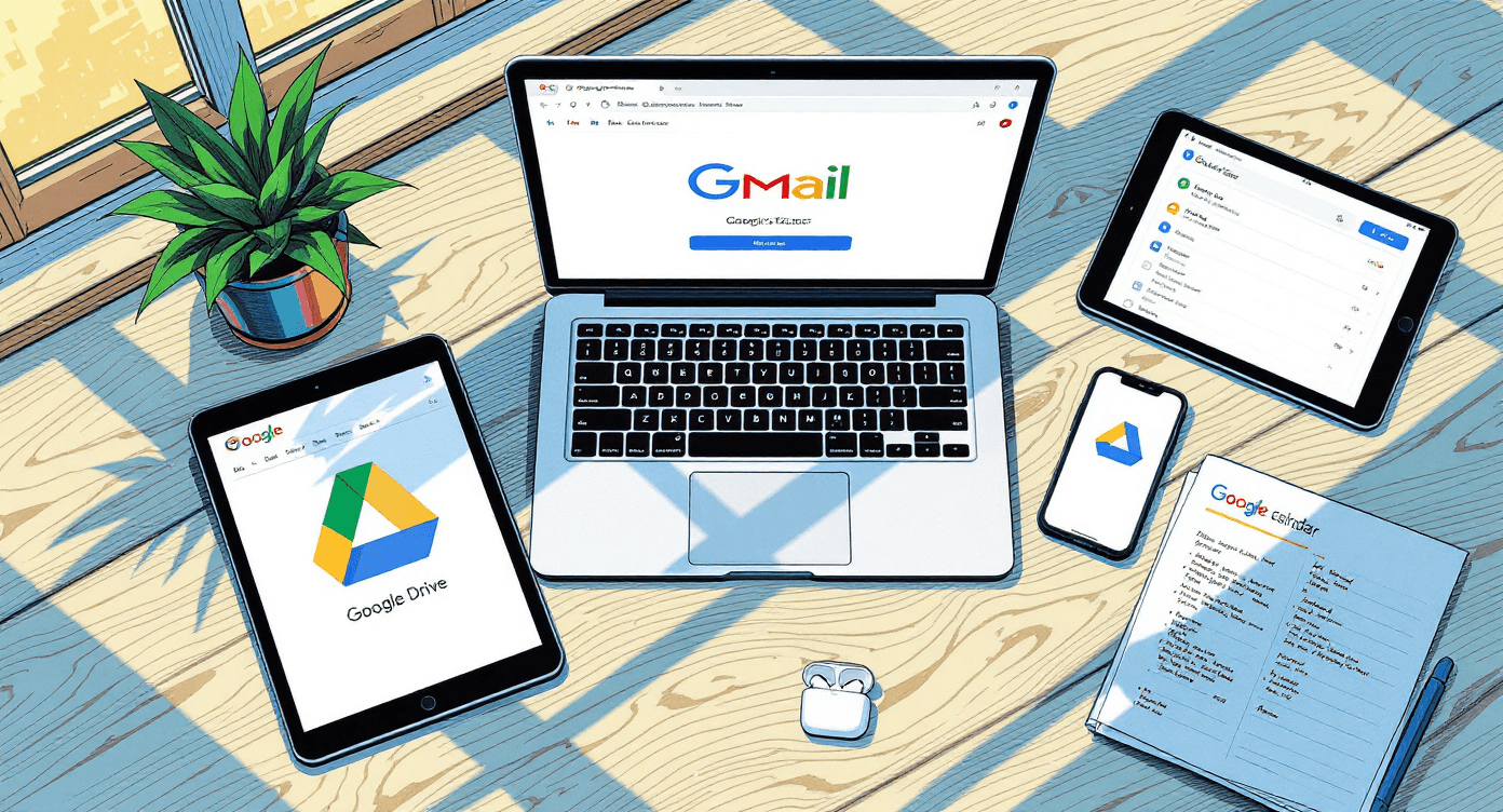 Google Gemini AI integration with Gmail Google Docs Drive and Calendar showing seamless workflow across multiple devices for UK small business