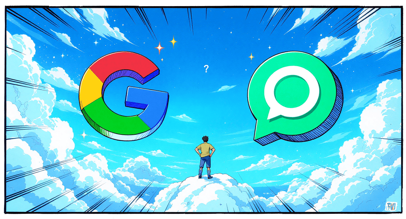 Google Gemini versus ChatGPT comparison illustration showing both AI tool logos with person deciding which artificial intelligence platform to choose