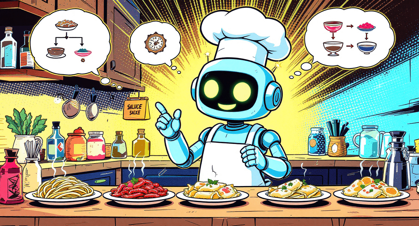 Machine learning concept illustrated as robot chef learning patterns from pasta dish examples showing how AI learns from data to make predictions