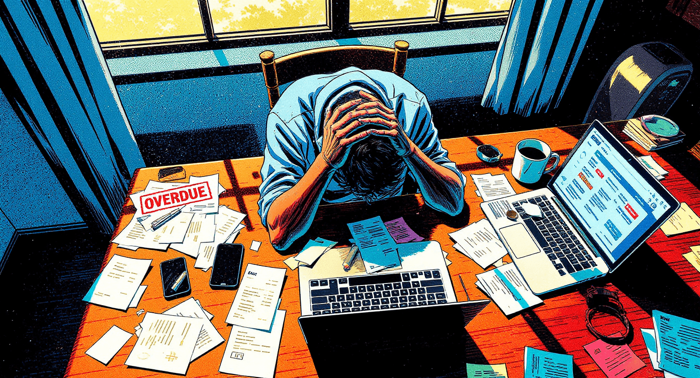 Stressed individual reviewing AI-generated financial advice at kitchen table surrounded by bills and budget documents highlighting need for professional verification