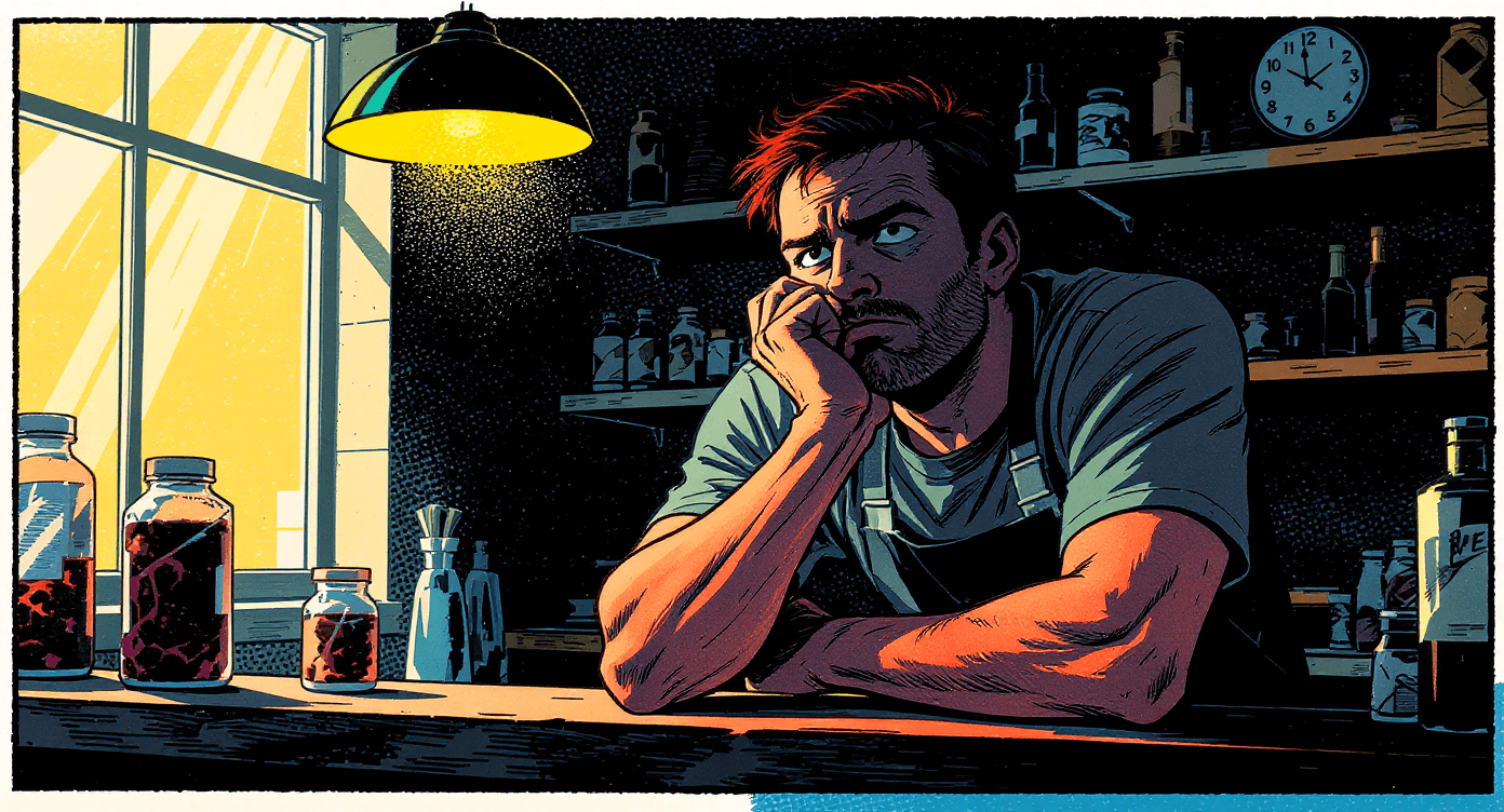 Bored small business shop owner waiting for customers at empty retail counter during slow afternoon showing need for better marketing and AI tools