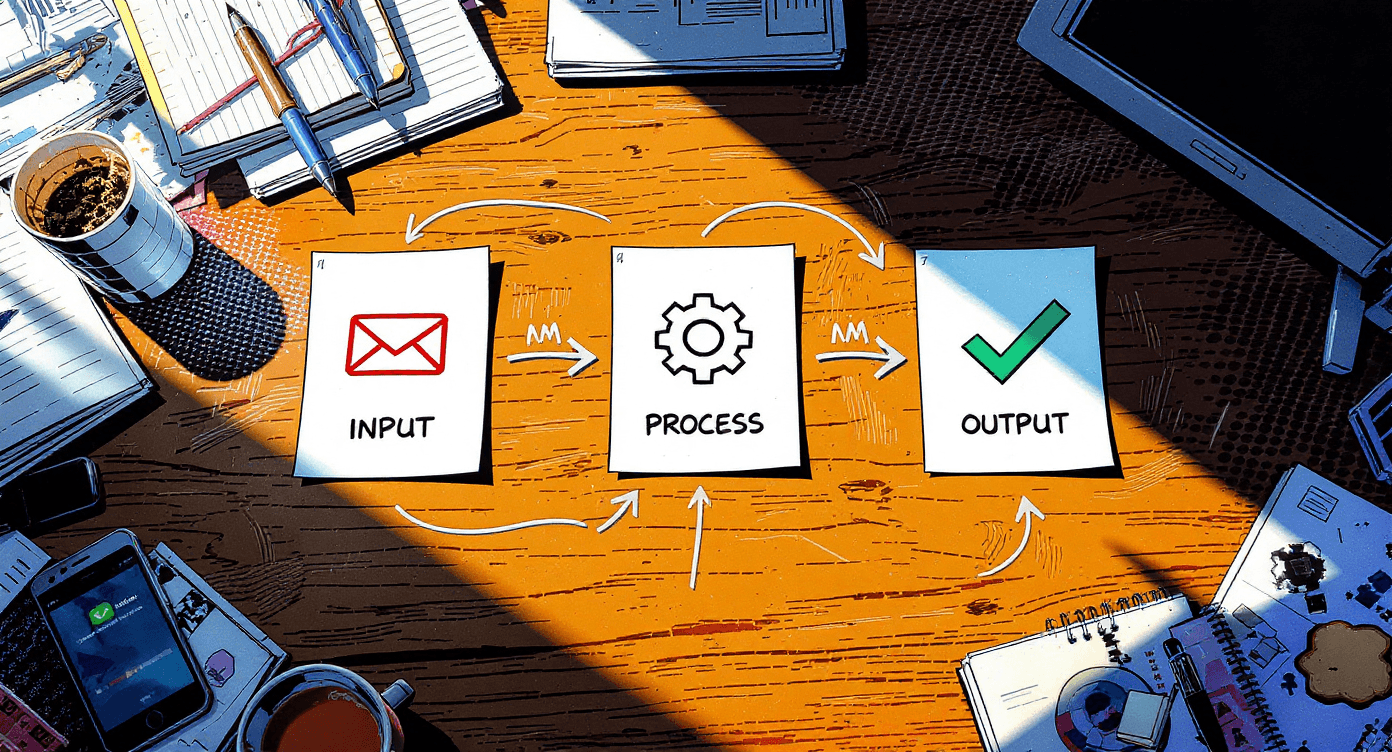 Simple workflow diagram showing input process and output stages using symbolic icons and arrows for business automation and task management visualisation