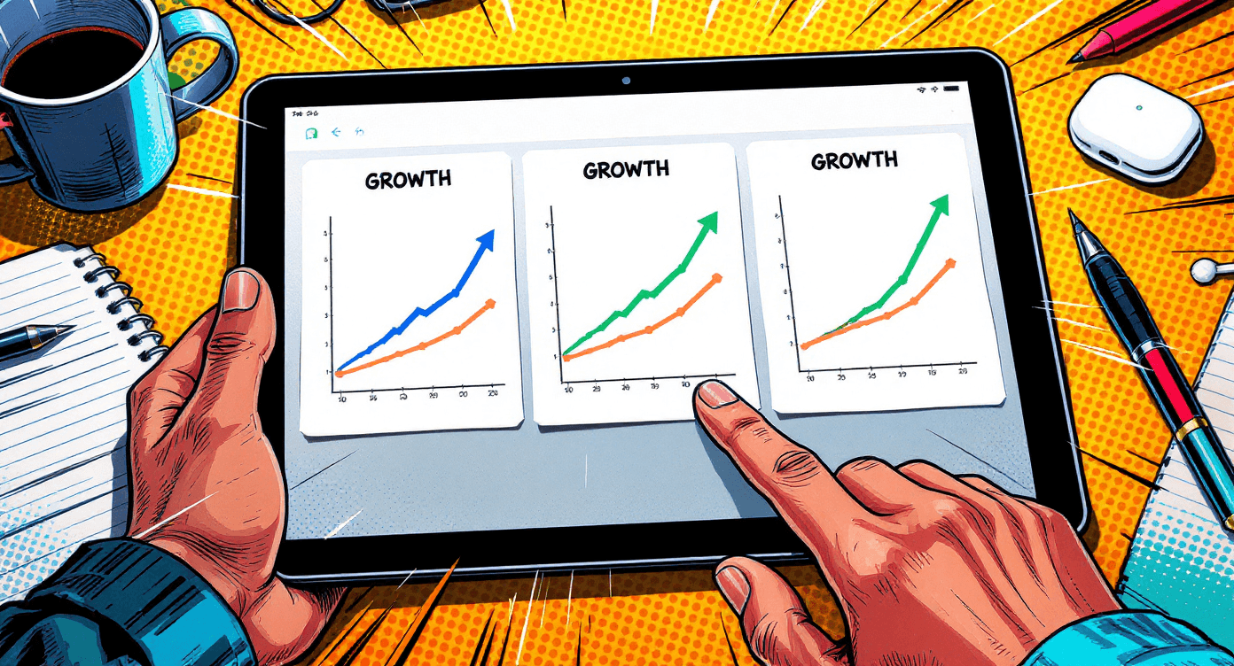 Tablet displaying comparative growth metrics with finger selecting chart showing different success rates for business performance tracking and analysis
