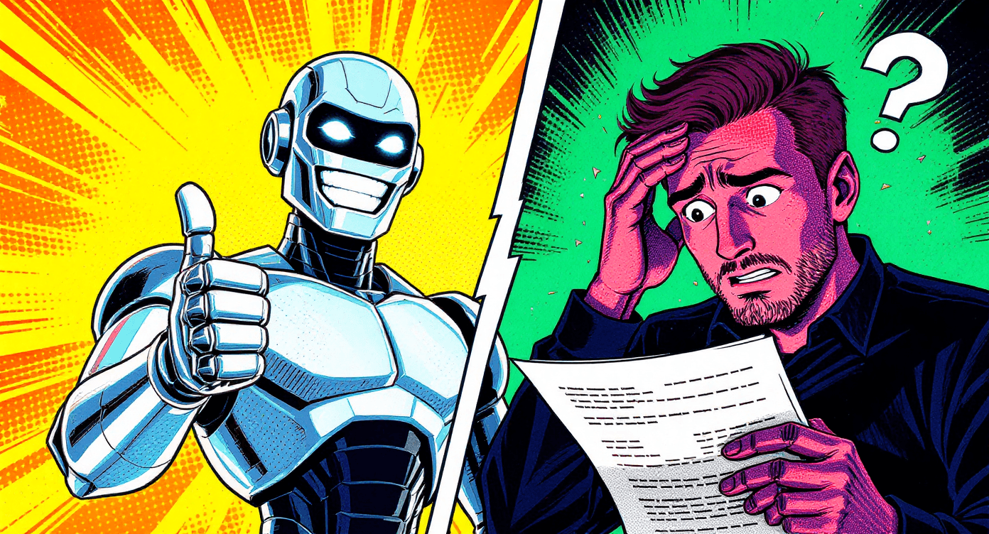 Cartoon contrasting overconfident AI robot with worried human user showing artificial intelligence can be confidently wrong requiring human verification