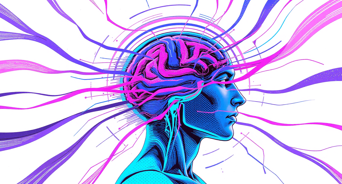 Illustrated human brain with radiating energy waves showing neural activity artificial intelligence processing and advanced cognitive computing power
