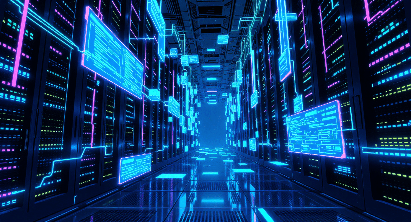 Data center server room with glowing lights showing large language model infrastructure and computing power behind AI chatbots like ChatGPT and Gemini