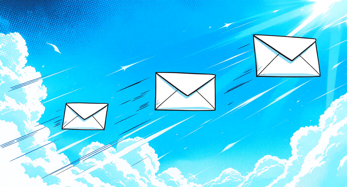 Multiple email envelopes flying through sky showing efficient mass communication and automated email delivery for business productivity