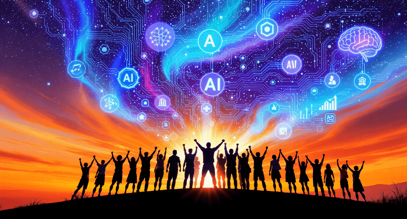 Silhouetted crowd celebrating AI revolution with glowing technology symbols in sky showing collective embrace of artificial intelligence and digital transformation movement