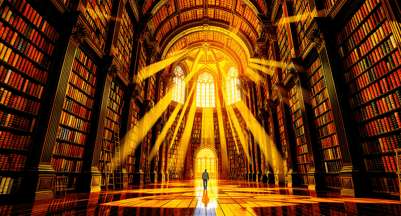 Massive grand library with towering bookshelves and thousands of books showing abundant knowledge resources and information for research and learning