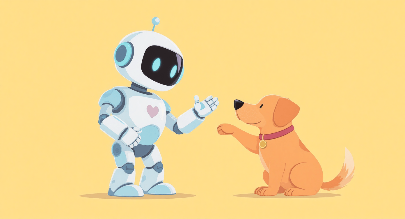 Robot teaching a dog new skills as a visual metaphor for AI supporting learning and development without replacing creativity