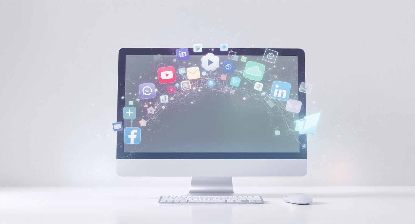 Digital workflow concept with multiple platform icons emerging from a computer screen, symbolising multi-platform content management and AI-assisted organisation