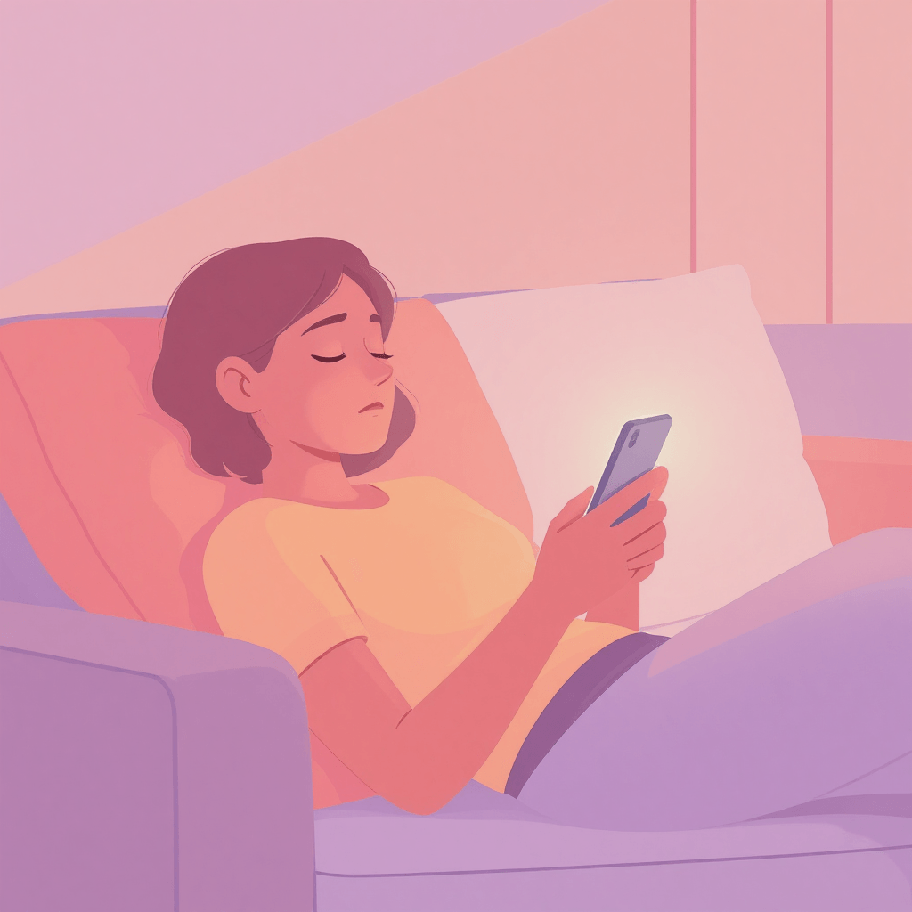 Person lying on a sofa scrolling endlessly on a smartphone, representing passive content consumption and digital burnout from constant social media use.
