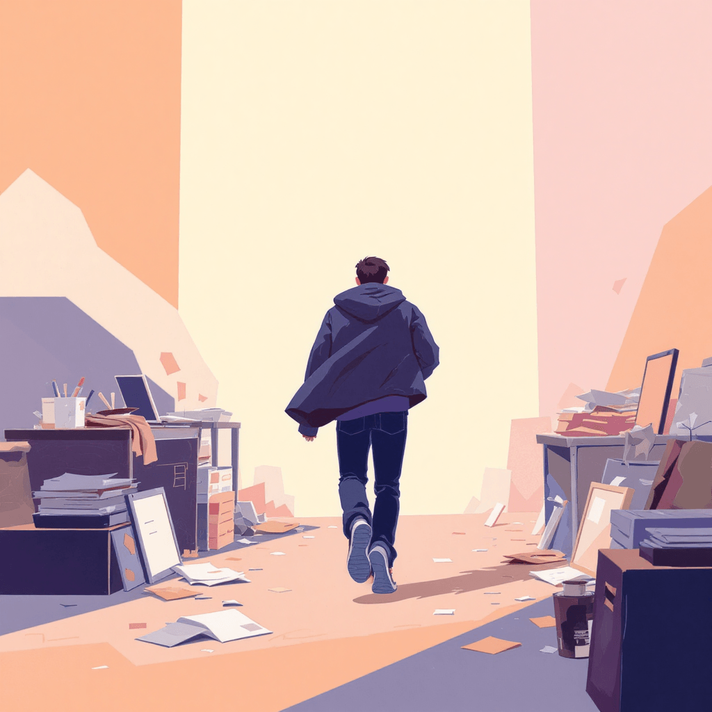 Person walking away from a cluttered workspace, symbolising quitting, stepping back from overwhelm, and choosing to move on from an unsustainable workload.