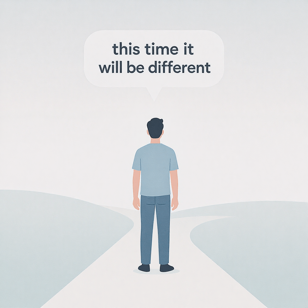 Person restarting with renewed motivation, shown at the beginning of a fresh path, with a speech bubble saying “this time it will be different,” symbolising a hopeful reset and second attempt.